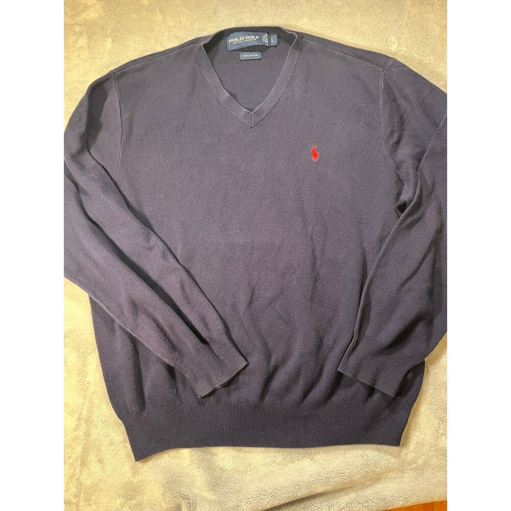 Polo Golf Ralph Lauren Mens Large V-Neck Sweater Navy 100% Cotton Classic Logo
